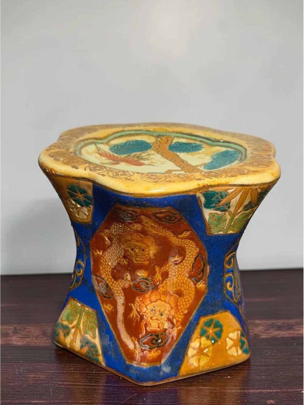 Vintage China Neiman Marcus Pillar Candle Holder Satsuma Style Dragon Crane 5”